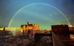 A rainbow over Grand Forks, North Dakota in 1997.